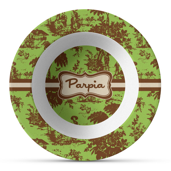 Custom Green & Brown Toile Plastic Bowl - Microwave Safe - Composite Polymer (Personalized)