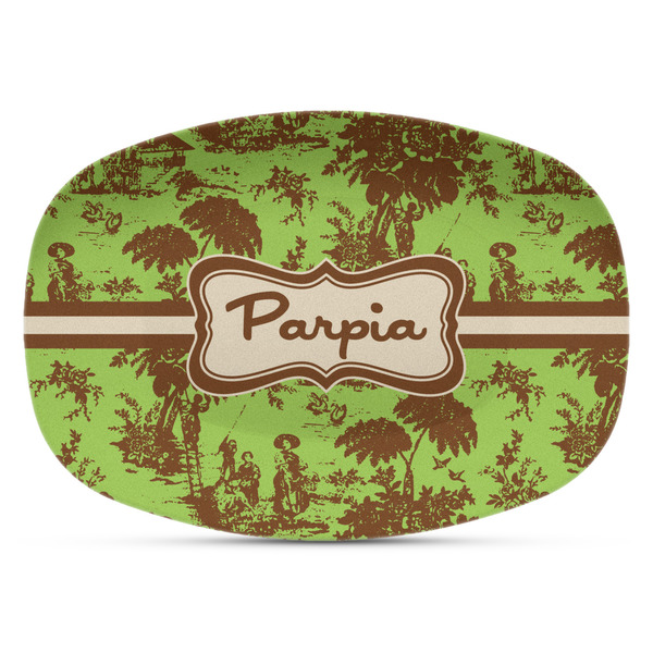 Custom Green & Brown Toile Plastic Platter - Microwave & Oven Safe Composite Polymer (Personalized)