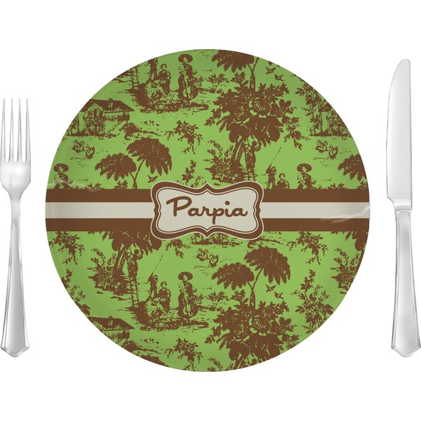 Custom Green & Brown Toile 10" Glass Lunch / Dinner Plates - Single or Set (Personalized)