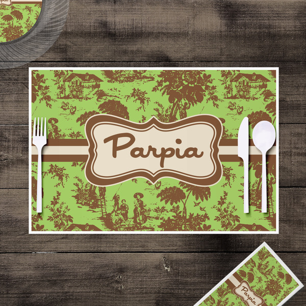 Green & Brown Toile Disposable Paper Placemat - In Context