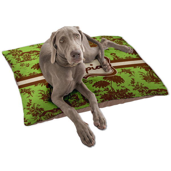 Custom Green & Brown Toile Dog Bed - Large w/ Name or Text