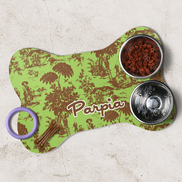 Green & Brown Toile Dog Bone Shaped Mat Lifestyle
