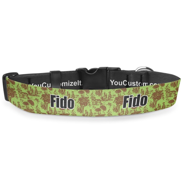 Custom Green & Brown Toile Deluxe Dog Collar - Large (13" to 21") (Personalized)
