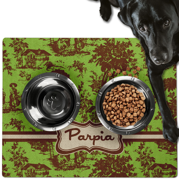 Custom Green & Brown Toile Dog Food Mat - Large w/ Name or Text
