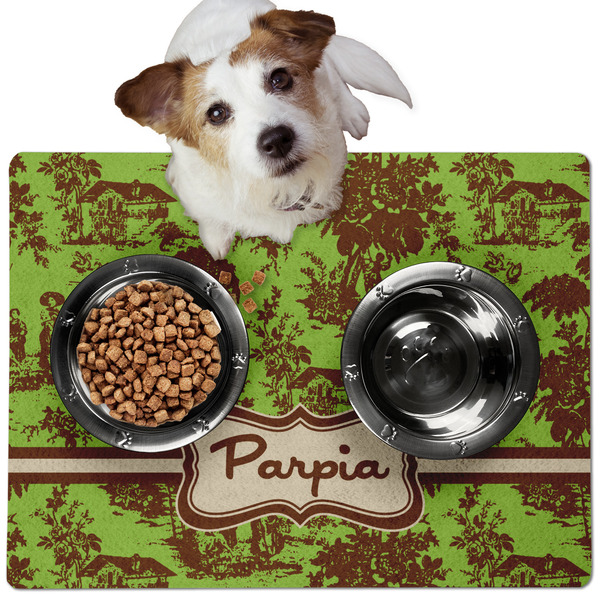 Custom Green & Brown Toile Dog Food Mat - Medium w/ Name or Text