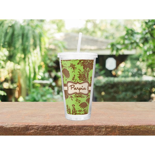 Green & Brown Toile Double Wall Tumbler with Straw Lifestyle