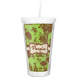 Green & Brown Toile Double Wall Tumbler with Straw (Personalized)