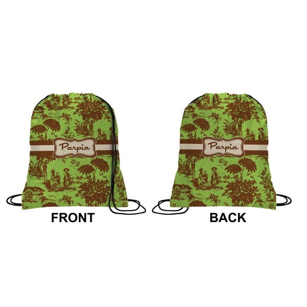 Green & Brown Toile Drawstring Backpack Front & Back Small
