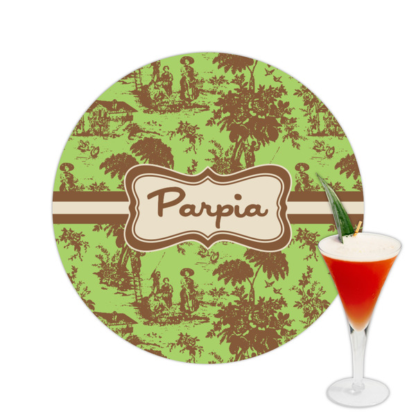 Custom Green & Brown Toile Printed Drink Topper -  2.5" (Personalized)