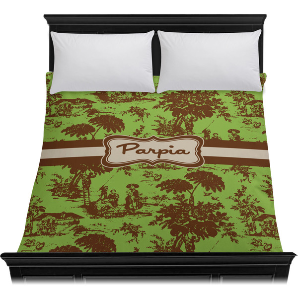 Green & Brown Toile Duvet Cover - Queen - On Bed - No Prop