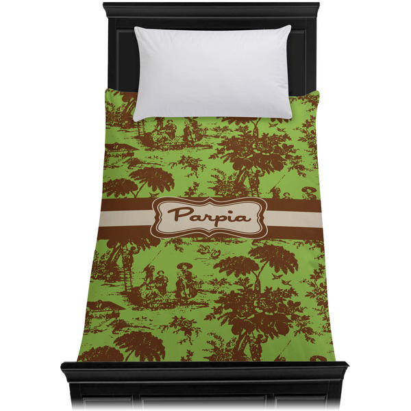 Green & Brown Toile Duvet Cover - Twin - On Bed - No Prop