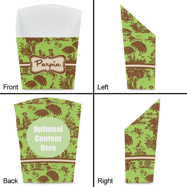 Green & Brown Toile French Fry Favor Box - Front & Back View