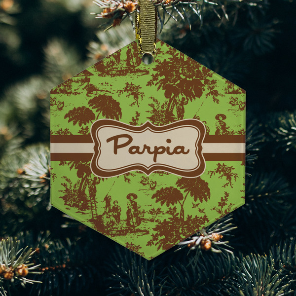 Green & Brown Toile Frosted Glass Ornament - Hexagon (Lifestyle)