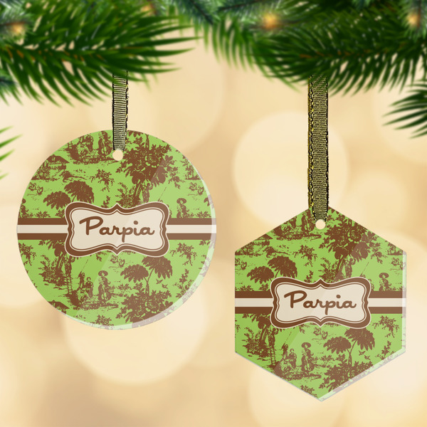 Custom Green & Brown Toile Flat Glass Ornament w/ Name or Text