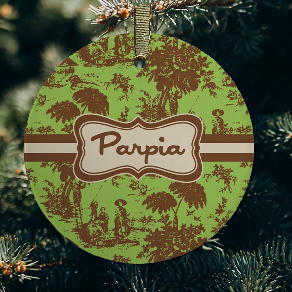 Green & Brown Toile Frosted Glass Ornament - Round (Lifestyle)