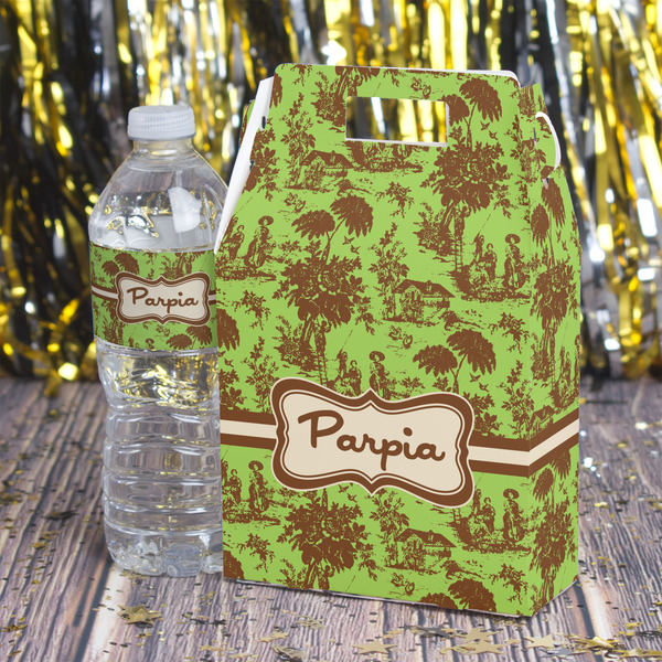 Green & Brown Toile Gable Favor Box - In Context