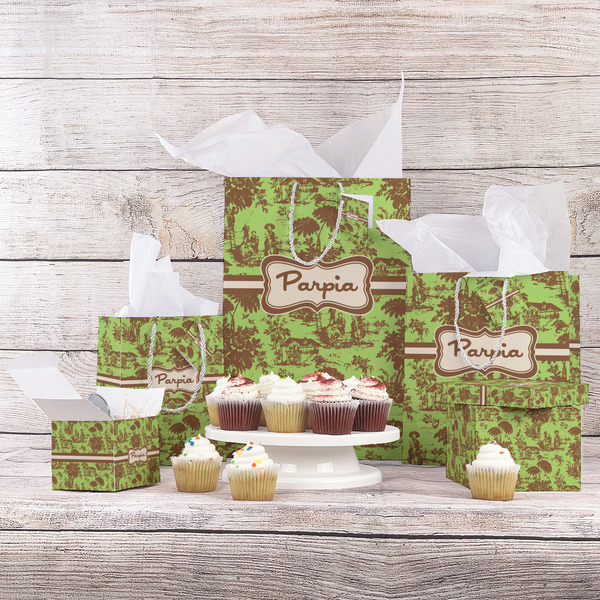 Green & Brown Toile Gift Bags - In Context
