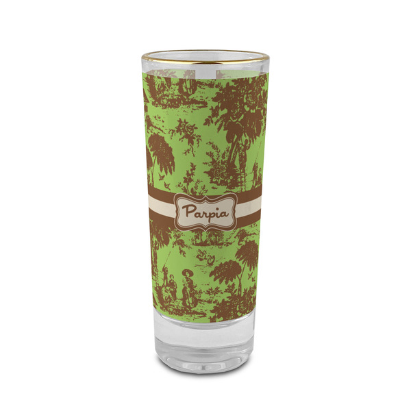Custom Green & Brown Toile 2 oz Shot Glass -  Glass with Gold Rim - Single (Personalized)