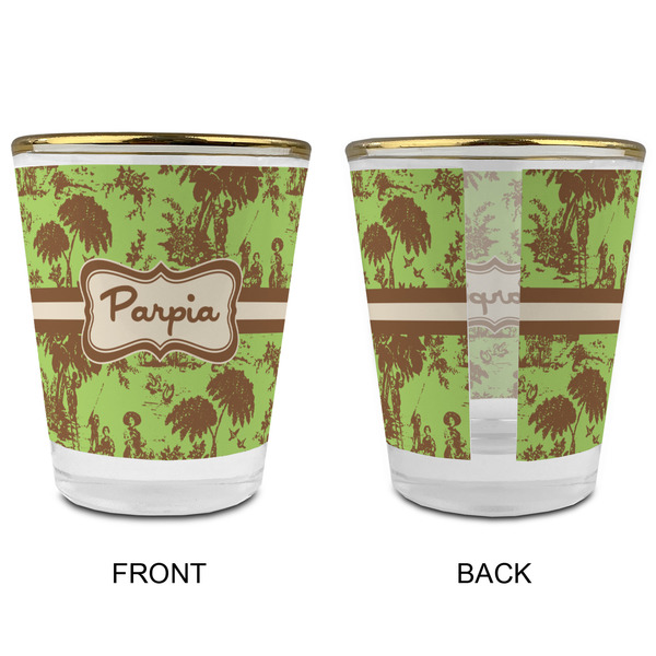 Green & Brown Toile Glass Shot Glass - with gold rim - APPROVAL