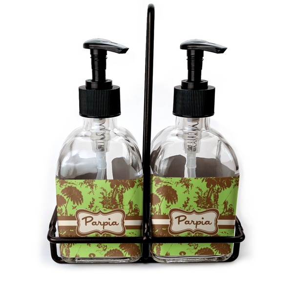 Custom Green & Brown Toile Glass Soap & Lotion Bottle Set (Personalized)
