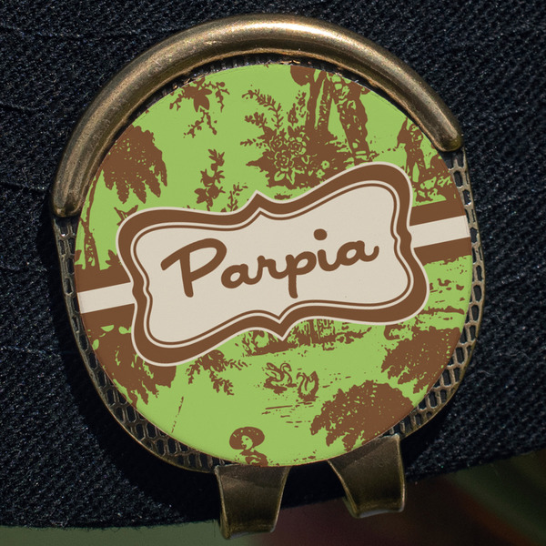 Green & Brown Toile Golf Ball Marker Hat Clip - Gold - Close Up