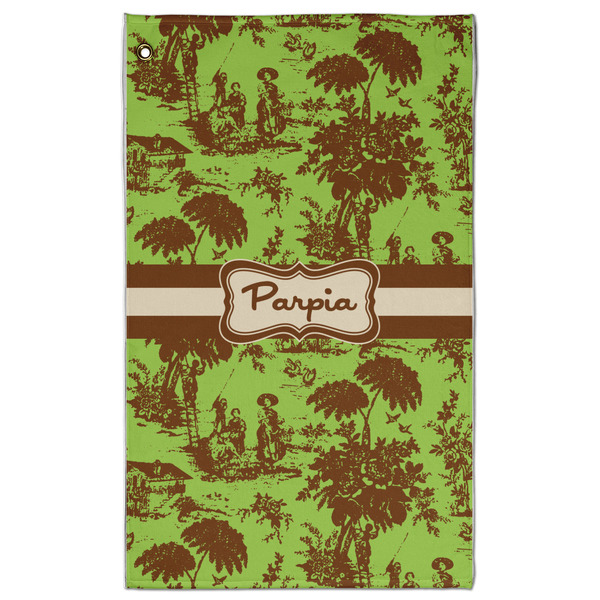 Custom Green & Brown Toile Golf Towel - Poly-Cotton Blend w/ Name or Text