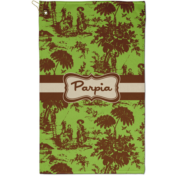 Custom Green & Brown Toile Golf Towel - Poly-Cotton Blend - Small w/ Name or Text