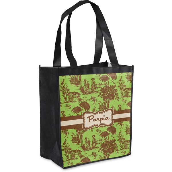 Custom Green & Brown Toile Grocery Bag (Personalized)