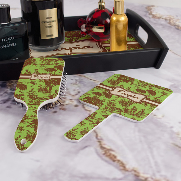 Green & Brown Toile Hair Brush and Hand Mirror - Bathroom Scene