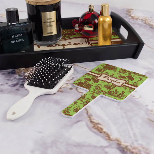 Green & Brown Toile Hand Mirror - With Hair Brush