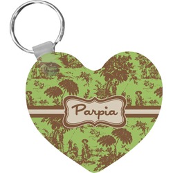 Green & Brown Toile Heart Plastic Keychain w/ Name or Text