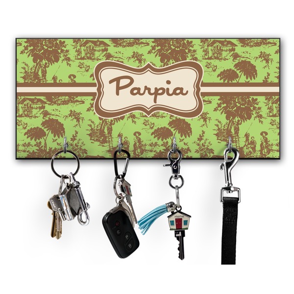 Custom Green & Brown Toile Key Hanger w/ 4 Hooks w/ Name or Text