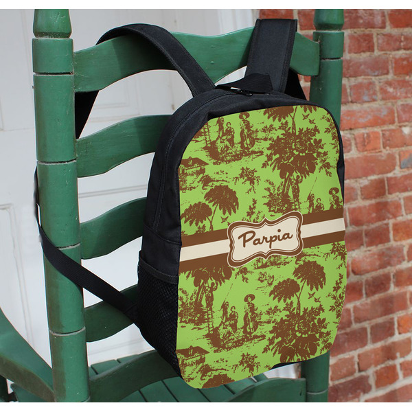Green & Brown Toile Kids Backpack - In Context