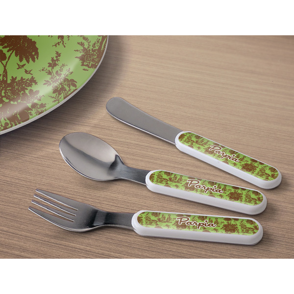 Green & Brown Toile Kids Flatware w/ Plate