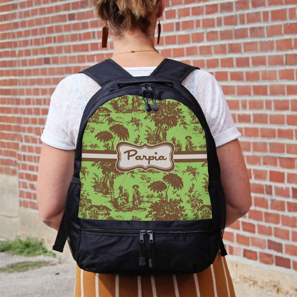 Green & Brown Toile Large Backpack - Black - On Back