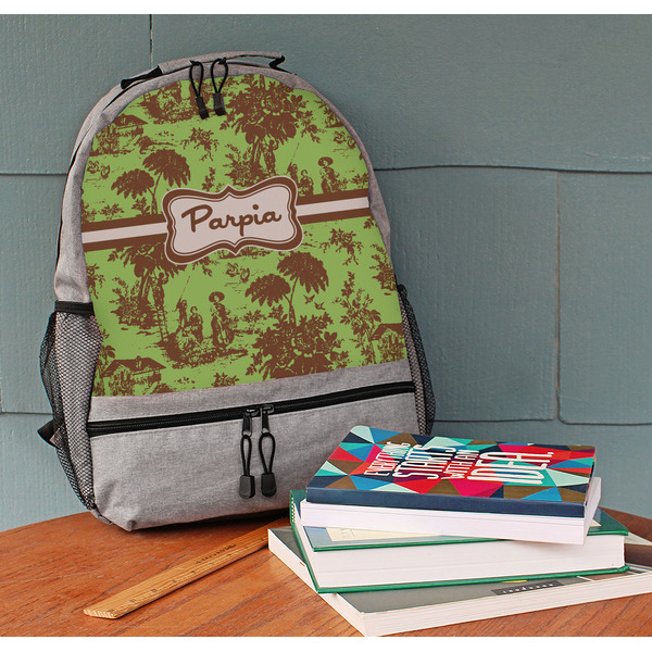 Green & Brown Toile Large Backpack - Gray - On Desk