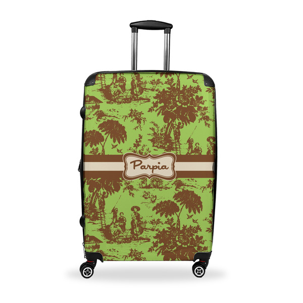 Custom Green & Brown Toile Suitcase - 28" Large - Checked w/ Name or Text
