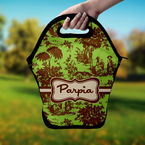 Green & Brown Toile Lunch Bag - Hand
