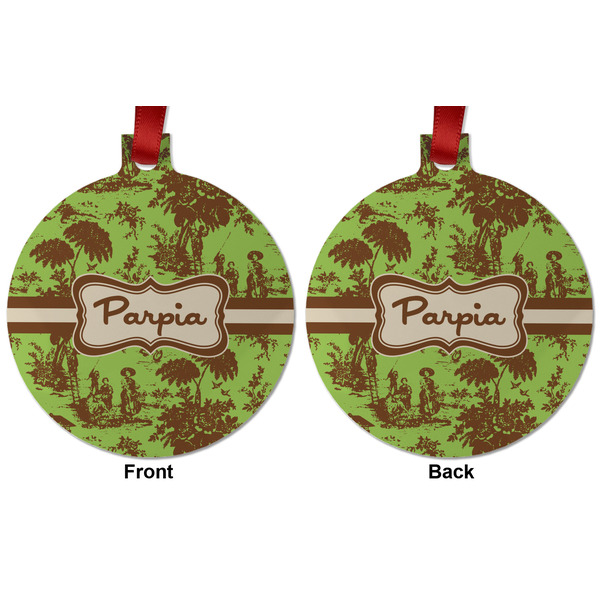 Green & Brown Toile Metal Ball Ornament - Front and Back