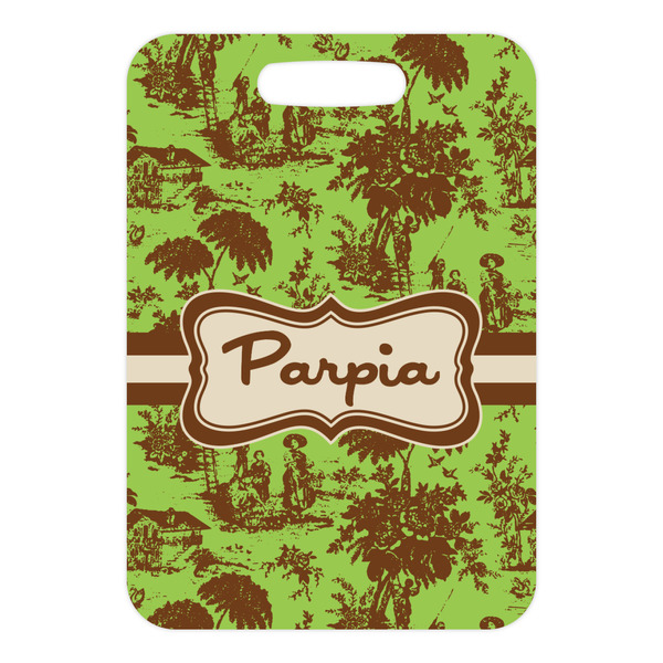Green & Brown Toile Metal Luggage Tag - Front Without Strap