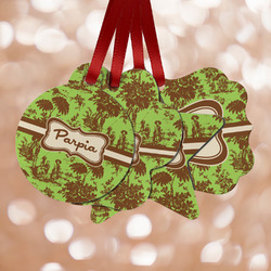 Green & Brown Toile Metal Ornaments - Double Sided w/ Name or Text
