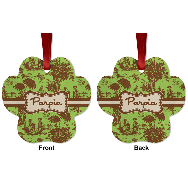 Green & Brown Toile Metal Paw Ornament - Front and Back