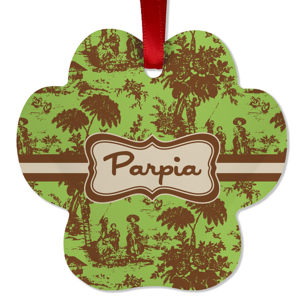 Custom Green & Brown Toile Metal Paw Ornament - Double Sided w/ Name or Text