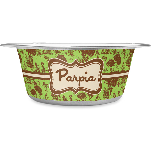 Custom Green & Brown Toile Stainless Steel Dog Bowl - Large (Personalized)