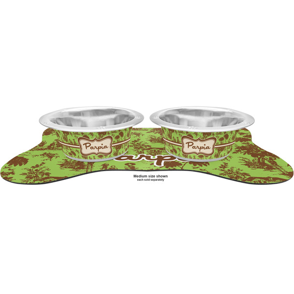 Green & Brown Toile Metal Pet Bowls - On Dog Bone Shaped Mat