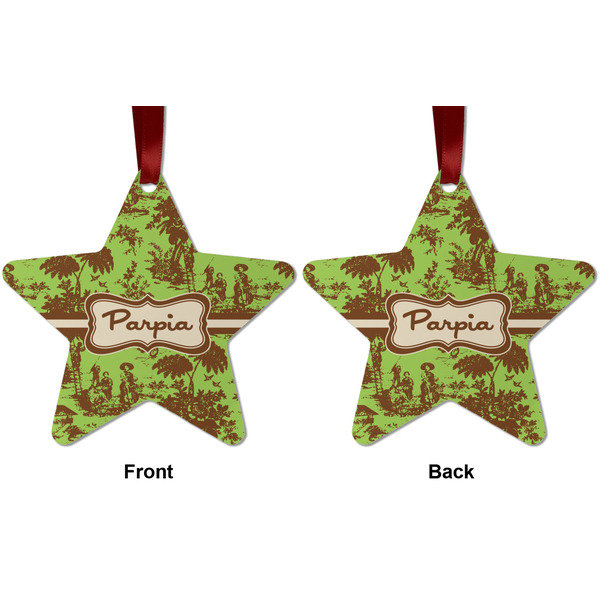 Green & Brown Toile Metal Star Ornament - Front and Back