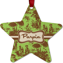 Green & Brown Toile Metal Star Ornament - Double Sided w/ Name or Text