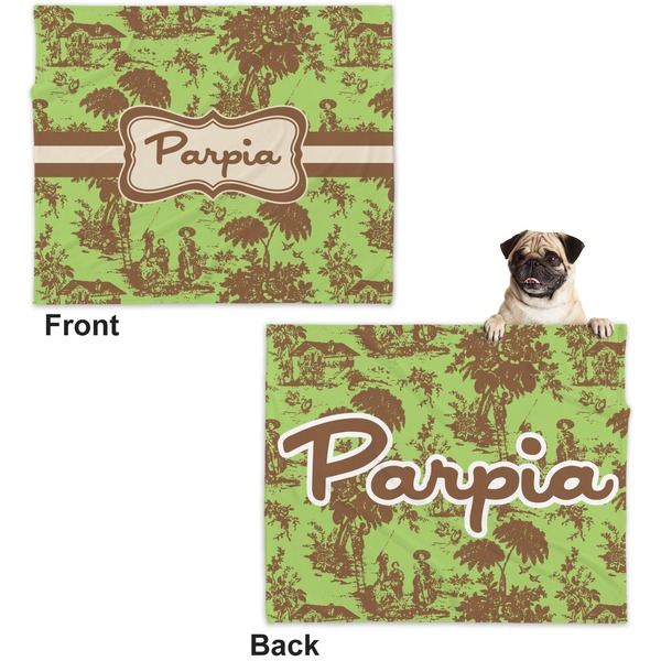 Green & Brown Toile Microfleece Dog Blanket - Large- Front & Back