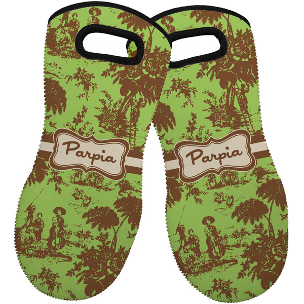 Custom Green & Brown Toile Neoprene Oven Mitts - Set of 2 w/ Name or Text
