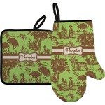 Green & Brown Toile Oven Mitt & Pot Holder Set w/ Name or Text